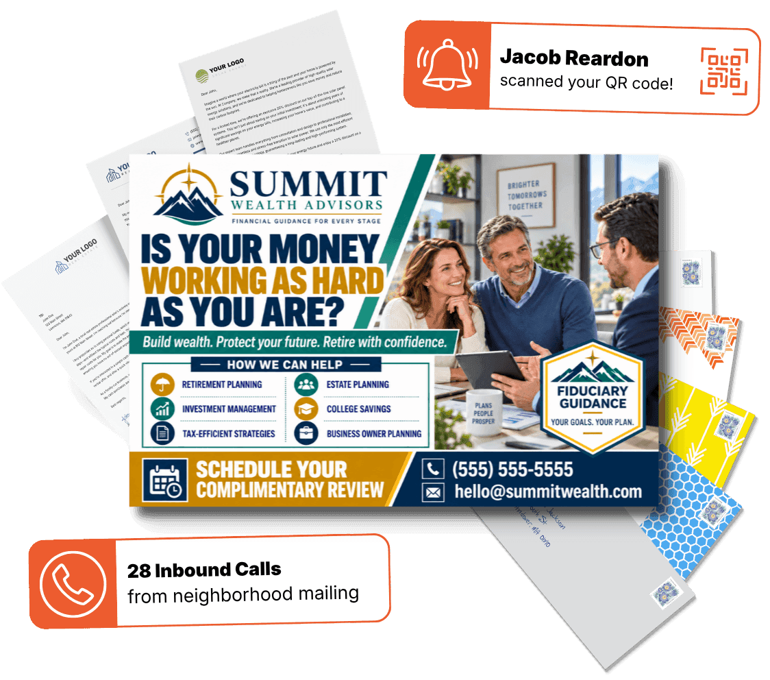Fanned direct mail campaign examples for financial services client acquisition, retention, and win-back