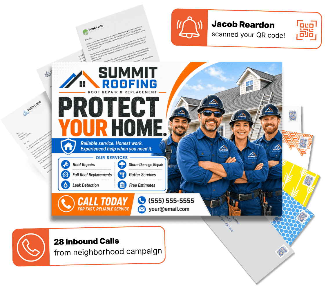 Roofing direct mail campaign examples with response notifications