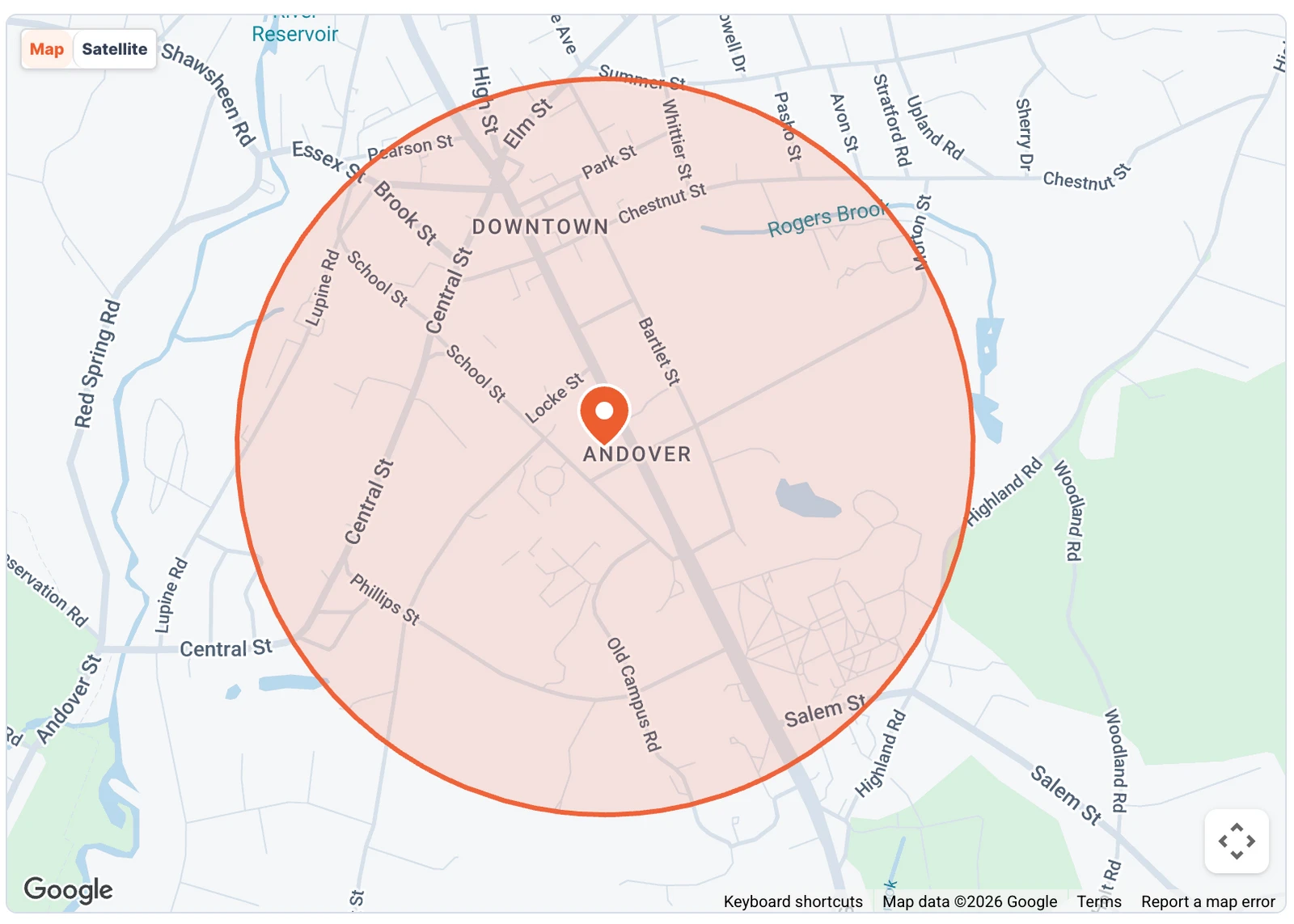 Radius targeting map centered on Andover
